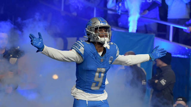 Detroit Lions wide receiver Jameson Williams celebrates during starting lineup introductions.